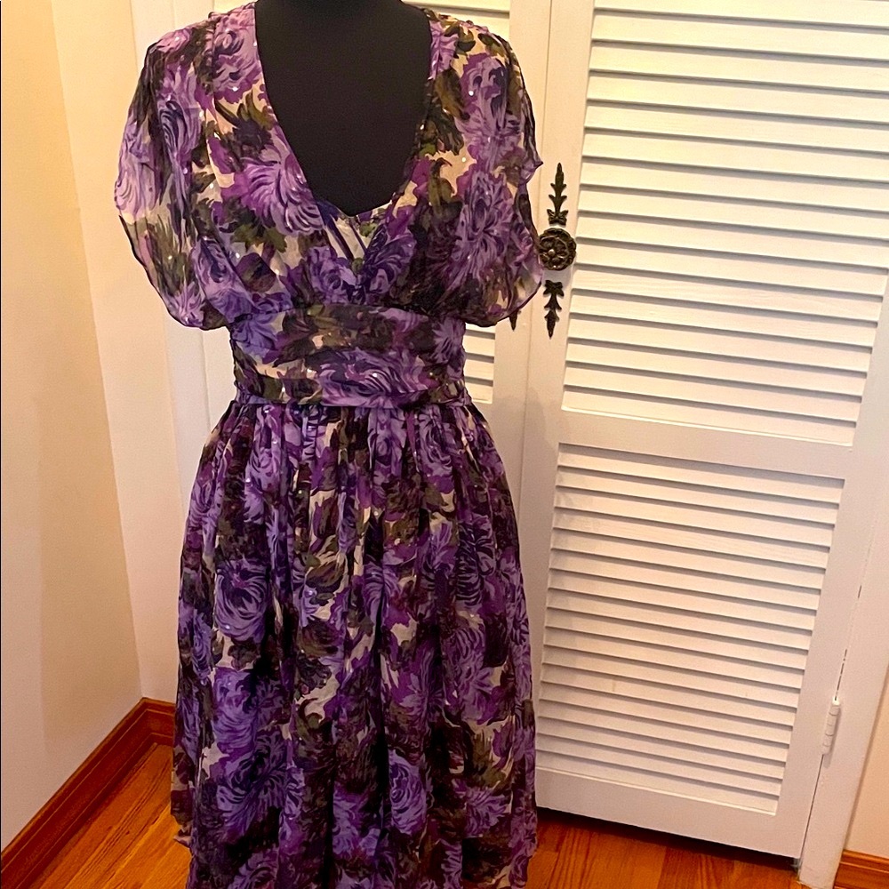 New Tracy Reese Purple Floral Midi silk Dress size 12